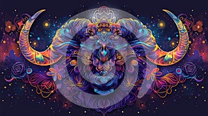 Abstract psychedelic art featuring a horned animal head with intricate patterns and vibrant colors photo