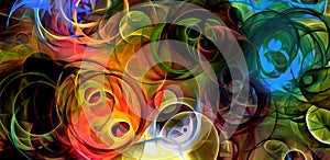 Abstract psychedelic background colored fractal hotspots arranged circles and spirals of different sizes Digital graphic design