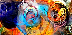 Abstract psychedelic background colored fractal hotspots arranged circles and spirals of different sizes Digital graphic design