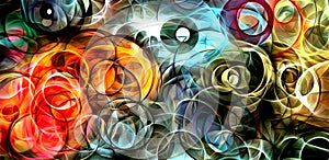 Abstract psychedelic background colored fractal hotspots arranged circles and spirals of different sizes Digital graphic design