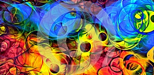 Abstract psychedelic background colored fractal hotspots arranged circles and spirals of different sizes Digital graphic design