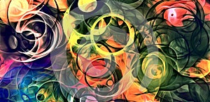 Abstract psychedelic background colored fractal hotspots arranged circles and spirals of different sizes Digital graphic design