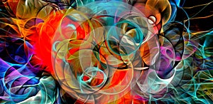 Abstract psychedelic background colored fractal hotspots arranged circles and spirals of different sizes Digital graphic design