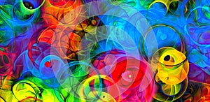 Abstract psychedelic background colored fractal hotspots arranged circles and spirals of different sizes Digital graphic design