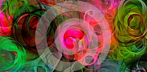 Abstract psychedelic background colored fractal hotspots arranged circles and spirals of different sizes Digital graphic design