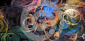 Abstract psychedelic background colored fractal hotspots arranged circles and spirals of different sizes Digital graphic design