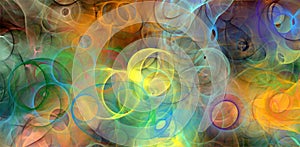 Abstract psychedelic background colored fractal hotspots arranged circles and spirals of different sizes Digital graphic design