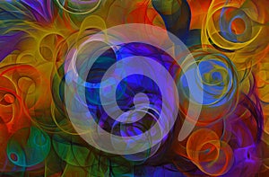 Abstract psychedelic background colored fractal hotspots arranged circles and spirals of different sizes Digital graphic design