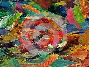 Abstract psychedelic background with the texture of applying underpainting. Computer stylization of oil strokes of paint with photo