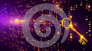 Abstract purple background with golden binary code and stars