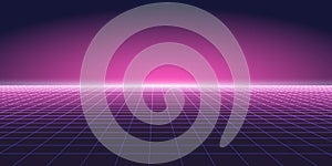 Abstract purple background with perspective. Digital futuristic design - retro 80-90s style. Grid neon surface with