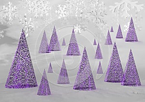 Abstract purple christmas trees on a background of snowflakes