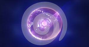 Abstract purple energy sphere with flying glowing bright particles, science
