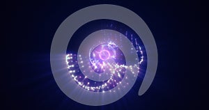 Abstract purple energy sphere with flying glowing bright particles, science