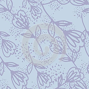 Abstract purple flower seamless pattern in doodle style on blue background. Cute floral endless wallpaper