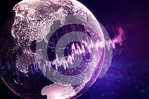 Abstract purple globe with forex chart on blurry background. Finance statistics and data Analytics. Stock exchange market,