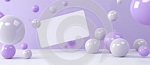 Abstract purple grey violet shiny balls sphere floating on pastel background landscape with blank white paper note