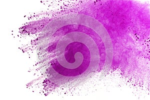 Abstract purple powder explosion on white background. abstract colored powder splatted, Freeze motion of violet powder exploding.