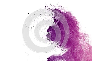 Abstract purple powder explosion on white background. abstract colored powder splatted, Freeze motion of violet powder exploding.