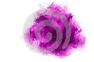 Abstract purple powder splattered on white background.