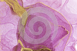 Abstract purple stains on white background. Violet and gold watercolor ink pattern. Copyspace.