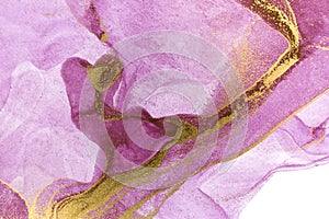 Abstract purple stains on white background. Violet and gold watercolor ink pattern. Copyspace.