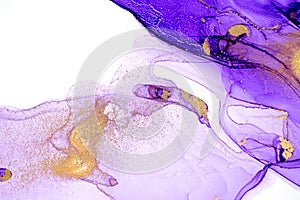 Abstract purple stains on white background. Violet and gold watercolor ink pattern. Copyspace.