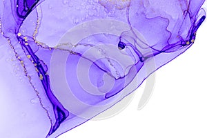 Abstract purple stains on white background. Violet and gold watercolor ink pattern. Copyspace.