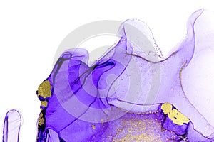 Abstract purple stains on white background. Violet and gold watercolor ink pattern. Copyspace.