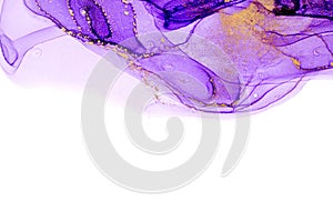 Abstract purple stains on white background. Violet and gold watercolor ink pattern. Copyspace.