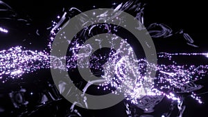 Abstract purple tiny glowing dots flying on a black background. Design. Stream of bright sparks.