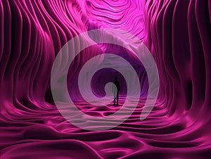 Abstract purple tunnel of chaotic geometric wavy lines and a lost human. 3D visualization AI