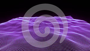 Abstract purple wave dots on black background. Landscape, background motion for cyberspace grid design. Seamless loop