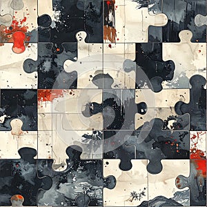 Abstract Puzzle Piece Composition with Splatter Effects