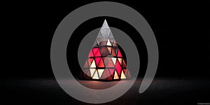 Abstract pyramid with red and white triangles on a dark background and surface