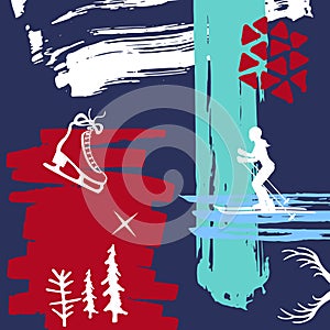 Abstract quirky christmas, winter time paint brush art strokes textures, outlined skates and skiing girl silhouette collage card