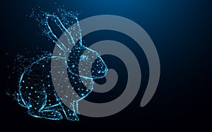 Abstract Rabbit form lines and triangles, point connecting network on blue background.