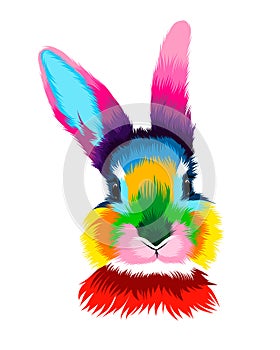 Abstract rabbit head portrait, hare from multicolored paints. Colored drawing