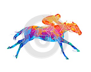 Abstract racing horse with jockey from splash of watercolors. Equestrian sport