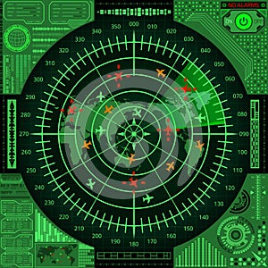 Radar screen with world map and targets. Futuristic HUD navigation monitor