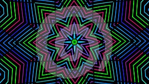 Abstract radial background with animation of moving colorful patterns. Animation. Cartoon kaleidoscope, concept of LSD