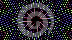 Abstract radial background with animation of moving colorful patterns. Animation. Cartoon kaleidoscope, concept of LSD