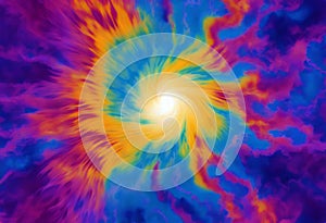 Abstract radial tie dye color gradient background with liquid style waves featured purple turquoise pink yellow and white.