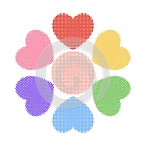 Abstract rainbow flower, dot, halftone. The petals of the heart. Vector decorative pattern. Object on an isolated background.