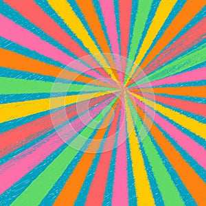 Abstract rainbow pastel color chalk texture rays background burst sunburst rays in yellow, pink, red, green and orange