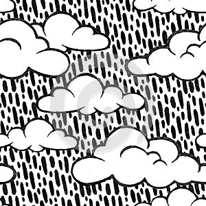 abstract rainy linocut seamless pattern design with clouds