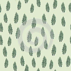 Abstract random seamless pattern with green little oak leaf ornament. Light grey background