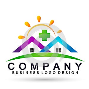 Abstract real estate sun green wave medical health House roof and home logo vector element icon design vector on white background