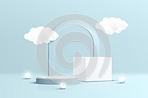 Abstract realistic 3D white and blue geometric pedestal podium set with cloud flying and arch backdrop. Pastel blue minimal scene