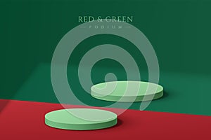 Abstract realistic light green 3D cylinder pedestal podium set on red and green floor with shadow. Minimal scene for christmas